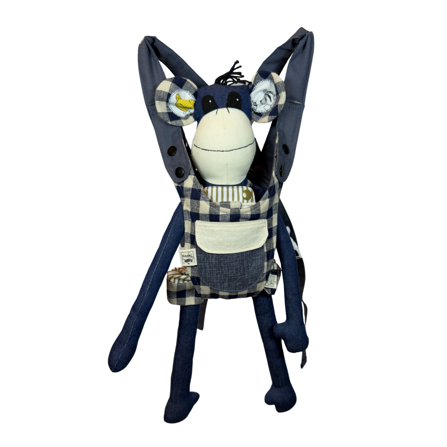 Children's Baby Carrier with Monkey - Blue Gingham