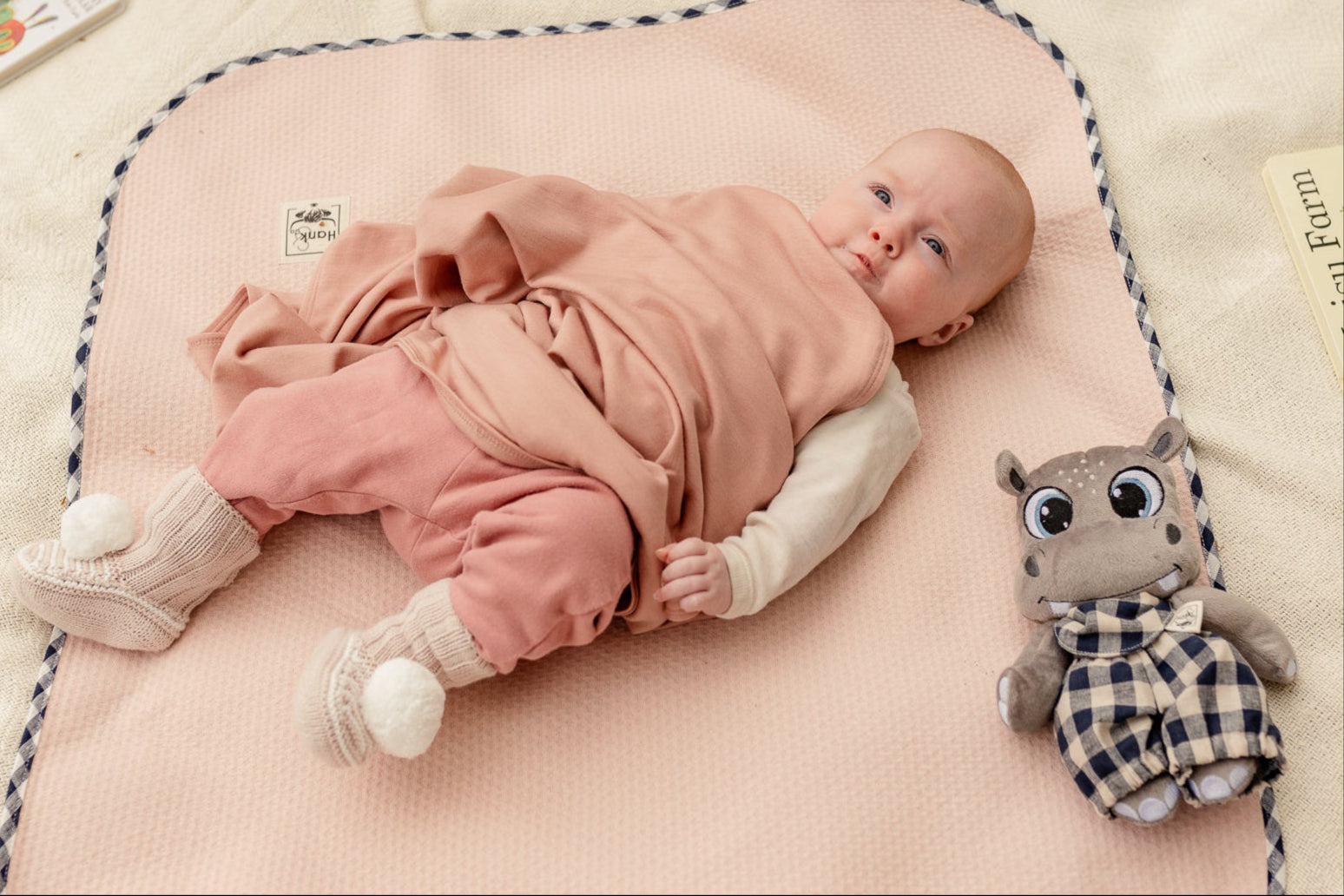 Baby lying on a pink cushion with a soft toy next to a book on a white blanket.